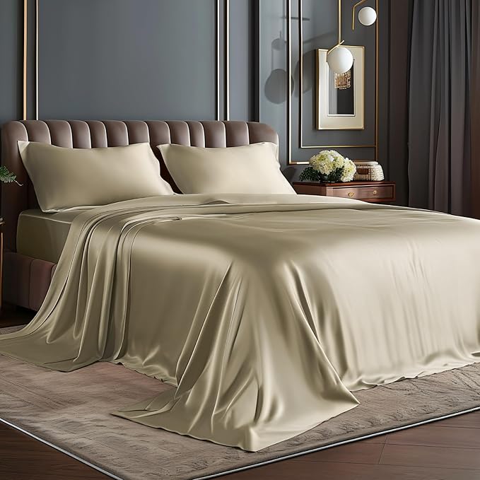 BEDELITE Satin Sheets Queen Size Bed Set, Luxury Soft Taupe Silky Sheets by BEDELITE