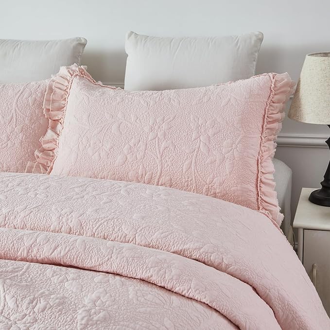 Brandream Light Pink Quilt Set King Size Cotton Shabby Chic Bedding Matelasse - Image 3