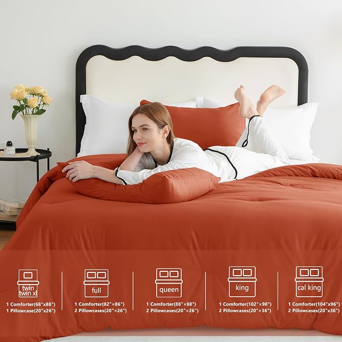 CozyLux Terracotta Queen Comforter Set, 3 Pieces Burnt Orange Rust Solid - Image 6