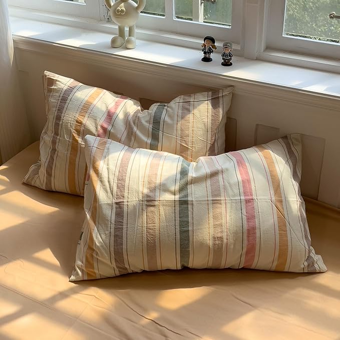 mixinni Vintage Striped Duvet Cover Set Twin Size, 3-Piece 100% Washed Cotton - Image 4