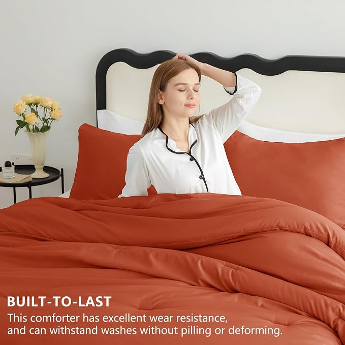 CozyLux Terracotta Queen Comforter Set, 3 Pieces Burnt Orange Rust Solid - Image 2