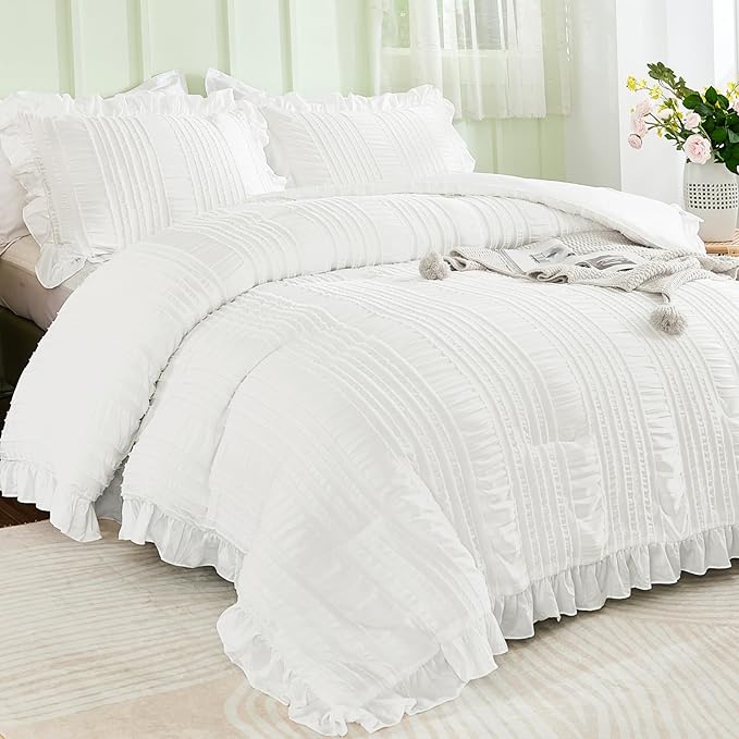 WONGS BEDDING White Queen Comforter Set, Boho Ruffle Comforter - Image 2