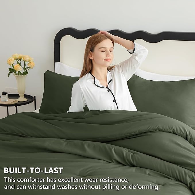CozyLux Queen Comforter Set Dark Green, 3 Pieces Solid Comforters Queen Size - Image 3