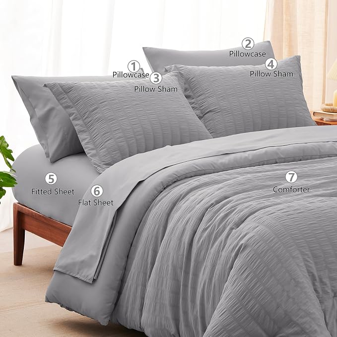 CozyLux King Size Comforter Set Grey Seersucker 7 Pieces Bed in a Bag King - Image 8