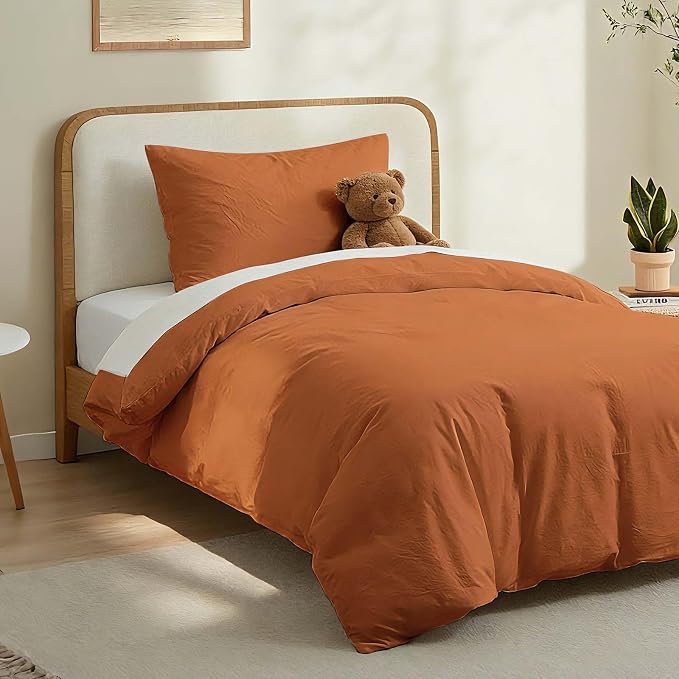 LOVQUE Burnt Orange Cotton Duvet Cover Twin Size, Linen Like Natural Bedding Set - Image 2