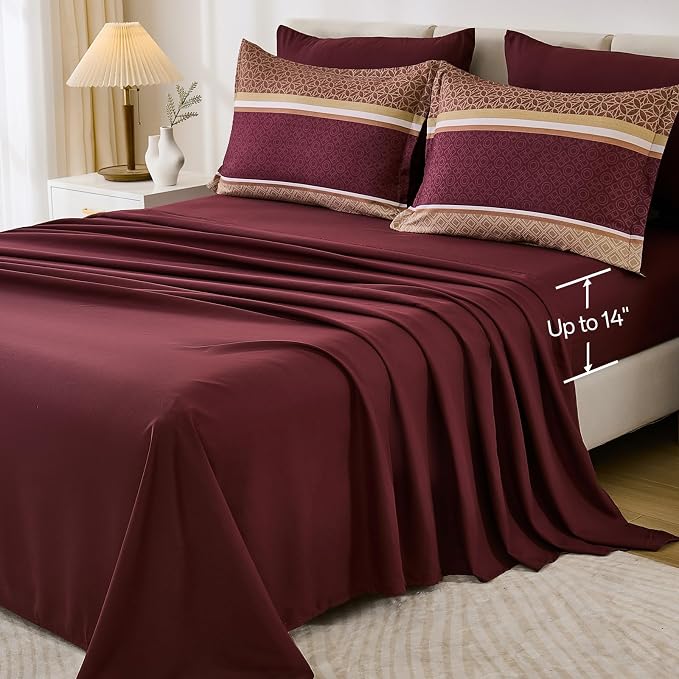 WONGS BEDDING Burgundy Comforter Set King Size, 7 Pieces Maroon Striped Bed in - Image 6