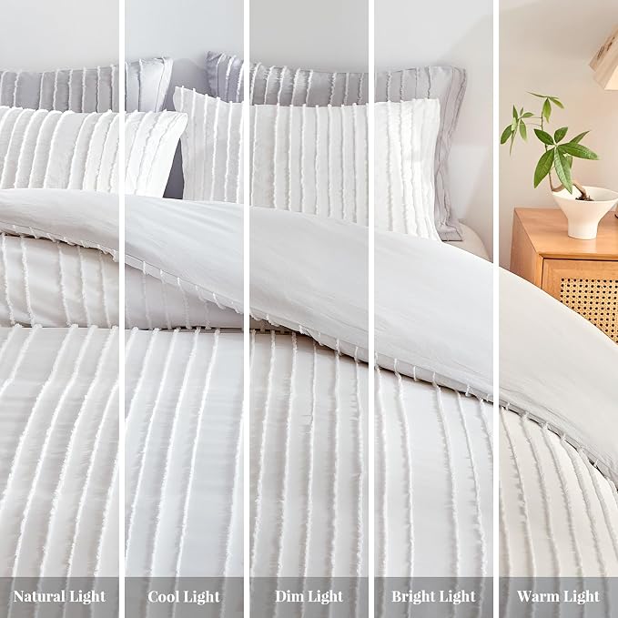 WARMDERN White Boho Duvet Cover Set Queen Size, Striped Textured Tufted Bedding - Image 7