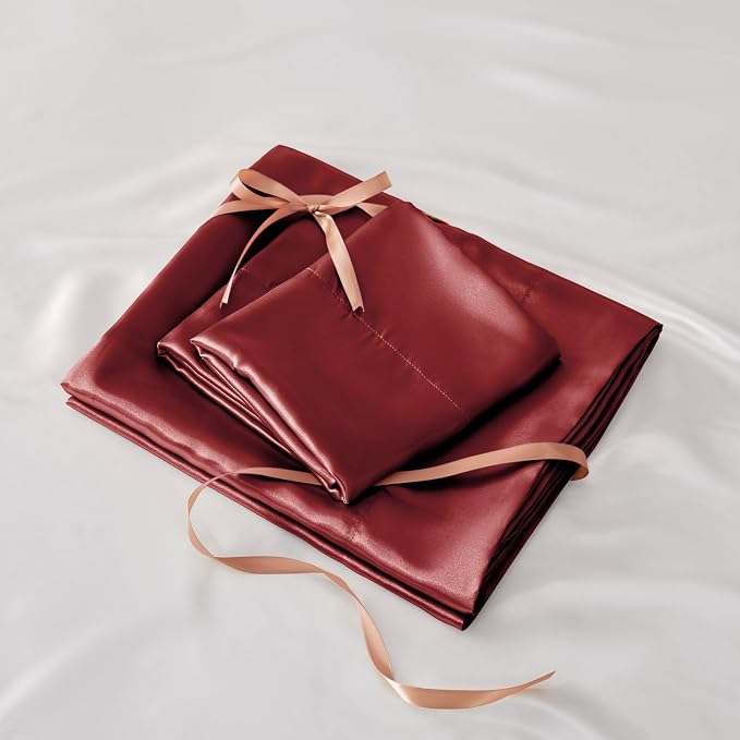 BEDELITE Satin Sheets Twin XL Size Bed Set, Luxury Soft Burgundy Silky Sheets - Image 7