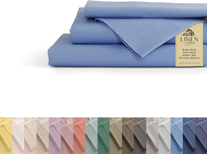 Linen Home 100% Cotton Percale Sheets Twin Size, Baby Blue, Deep Pocket by LINENHOME