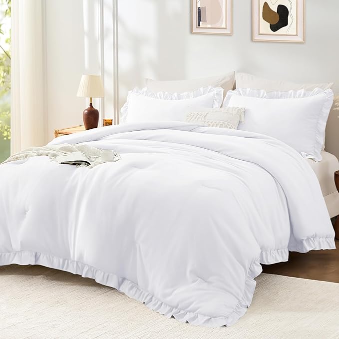 FUANNA Full Size Comforter Sets White, 3 Pieces Ruffle Full Size Bedding Sets by FUANNA