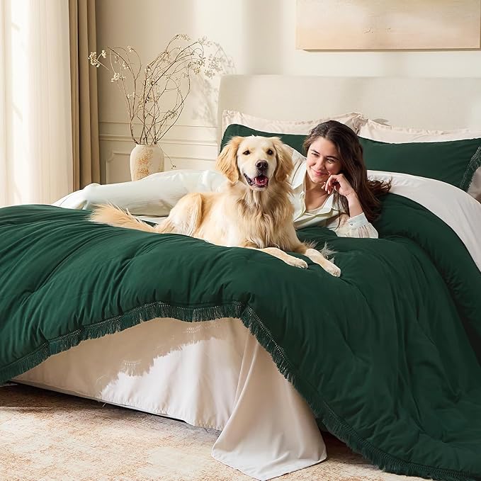 Andency Dark Emerald Green Comforter Set King Size, 3 Pieces Boho Lightweight - Image 3