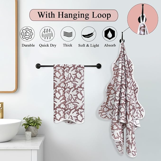 Ridhi Block Print Oak Brown Cotton Spa/Beach Towel 27"x54" Set of 2 Handmade - Image 2
