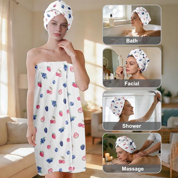 Absorbent Bath Towel Wrap Set for Women, Berries Print Towel Wrap After Shower - Image 2