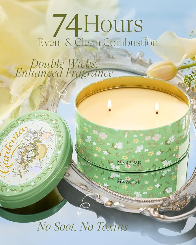 M&SENSE Two-Wicks Gardenia Scented Candles 12oz, 2 Wick Soy Spring Soy Candle - Image 4