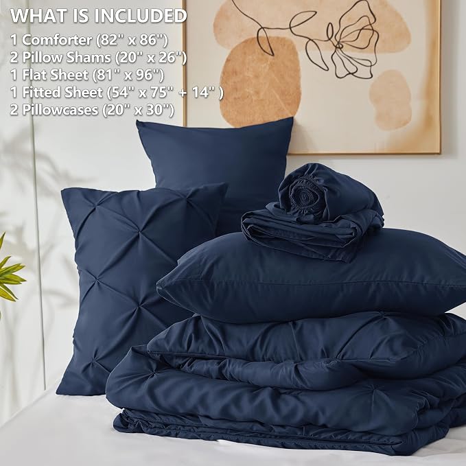HIMEET Pintuck Bed in a Bag, 7 Pieces Full Size Comforter Set Navy Blue - Image 7