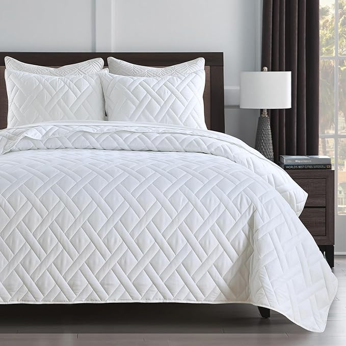 HORIMOTE HOME Quilt Set King Size White, Classic Geometric Diamond Stitched by HORIMOTEHOME