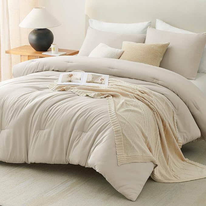 CozyLux King Size Comforter Set Oatmeal, 3 Pieces Solid Comforters King Size - Image 7