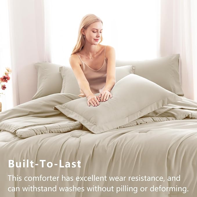 CozyLux Full Size Comforter Sets Oatmeal, 7 Pieces Bed in a Bag Full Comforter - Image 3