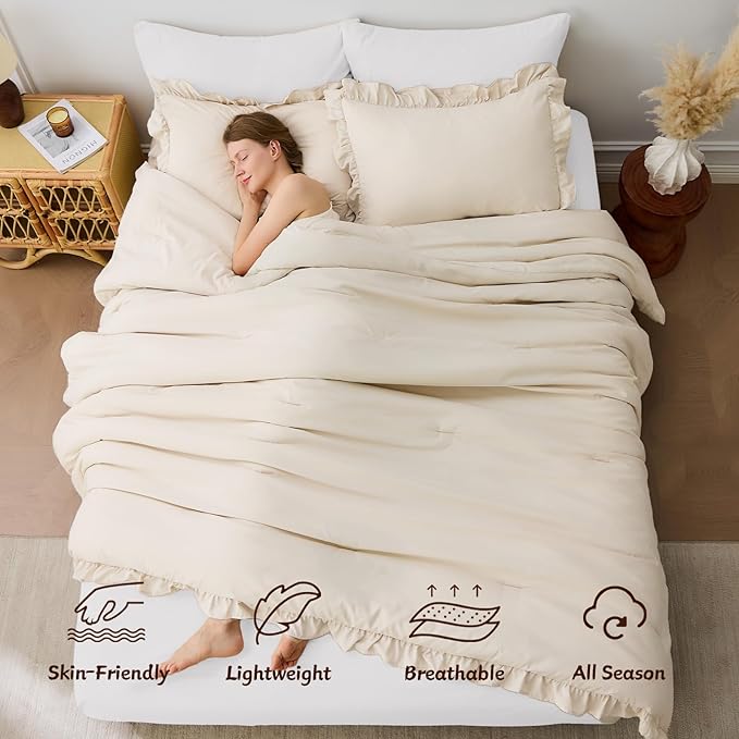 FUANNA Full Size Comforter Sets Beige, 3 Pieces Ruffle Full Size Bedding Sets - Image 4