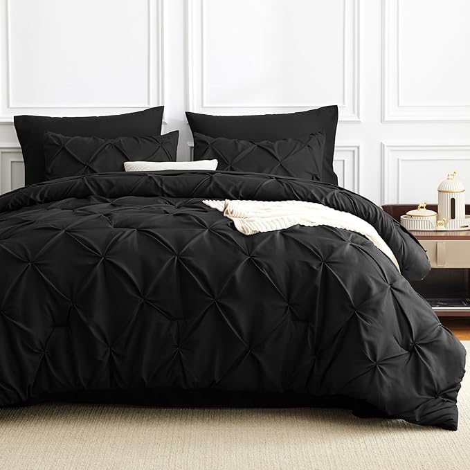 HIMEET Pintuck Bed in a Bag, 7 Pieces Oversized King Comforter Set Black - Image 9