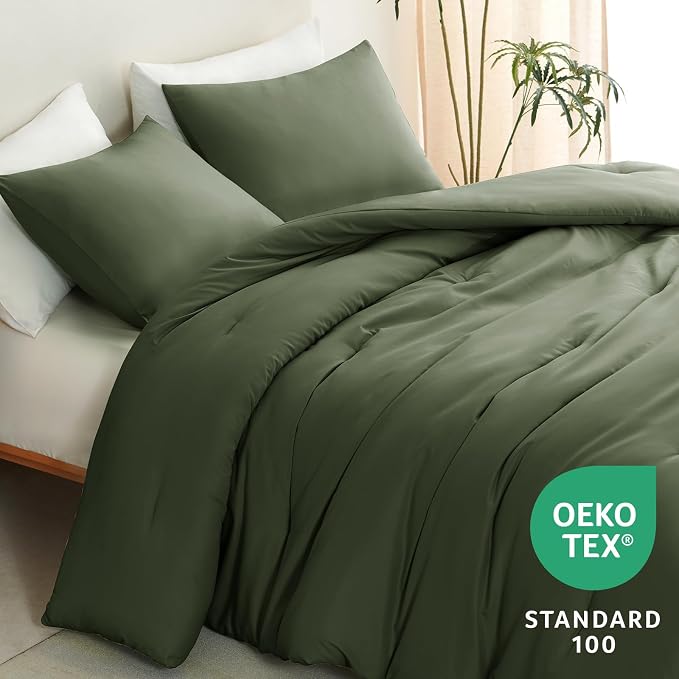 CozyLux Queen Comforter Set Olive Green, 3 Pieces Solid Comforters Queen Size - Image 4