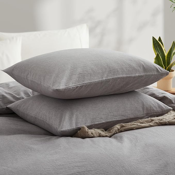 LOVQUE Light Grey Cotton Duvet Cover King Size, Linen Like Natural Bedding Set - Image 3
