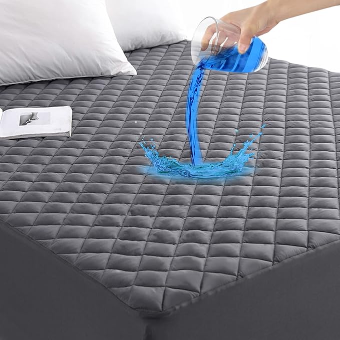 GRT Cal King Size Grey Quilted Fitted Mattress Pad, 100% Waterproof Breathable by GRT