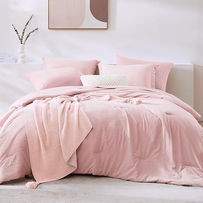 WRENSONGE Full Size Comforter Set- 7 Pieces Soft Pink Bed in a Bag Full Size by WRENSONGE