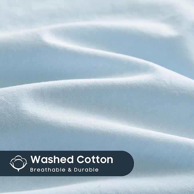 Wake In Cloud - Cotton Duvet Cover Set, Queen Size, Sky Blue, 100% Washed Cotton - Image 7