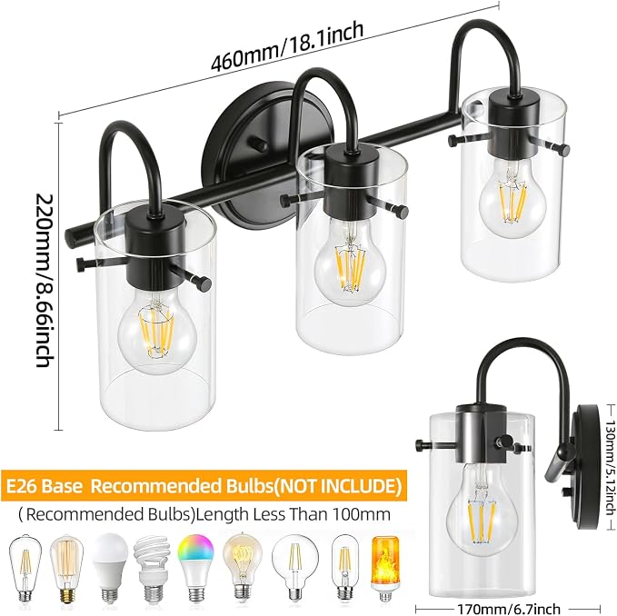 3 Lights Vanity Lights, Matte Black Bathroom Wall Light Fixtures over Mirror - Image 7
