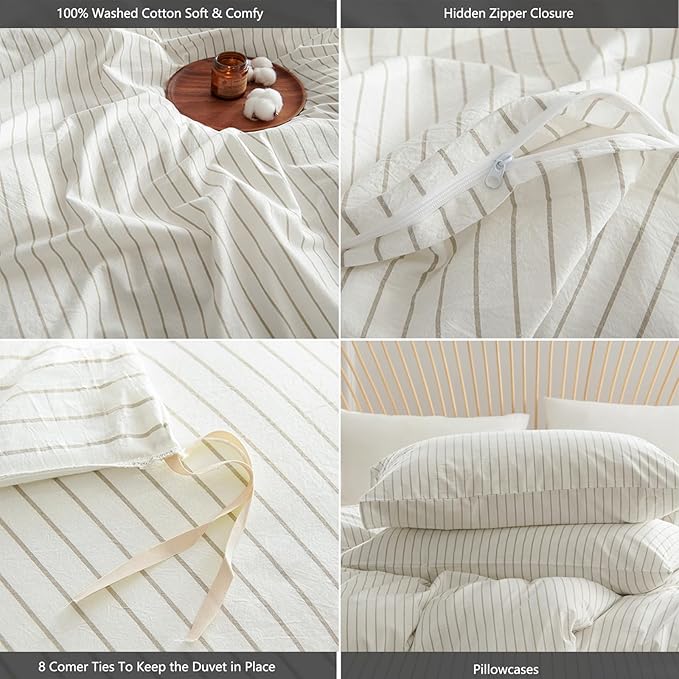 Nayoroom Striped Duvet Cover Queen Size 100% Washed Cotton White Brown Stripe - Image 6