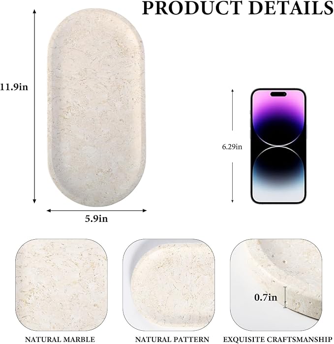 Koville Marble Tray for Bathroom Countertop, Stone Tray for Kitchen, Decorative - Image 2