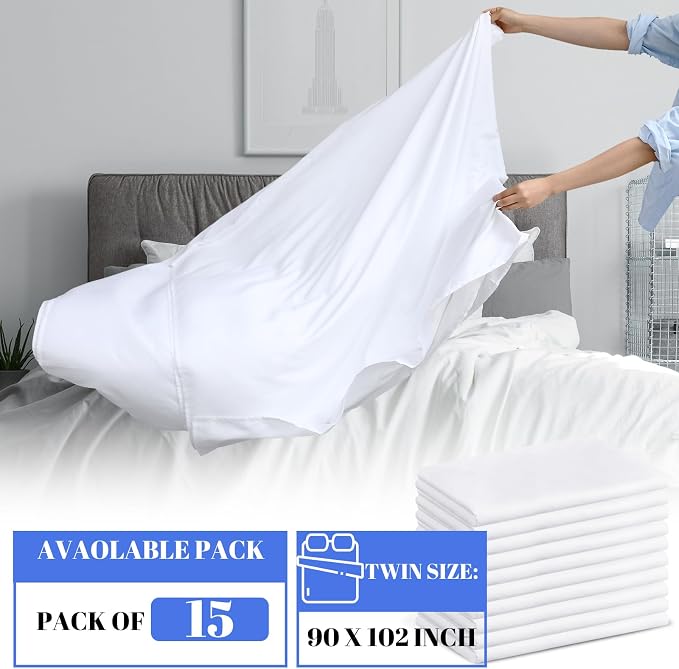 Preboun 15 Pcs White Flat Sheets Bulk Twin Size Soft Microfiber Top Flat - Image 2