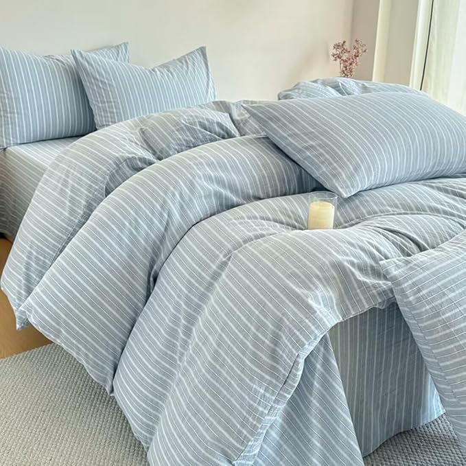 PinkMemory Blue Striped Duvet Cover Set King 100% Washed Cotton Blue Stripes - Image 3