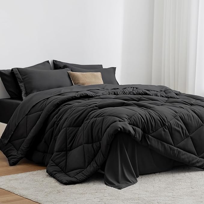 Love's cabin Queen Comforter Set Black, 7 Pieces Queen Bed in a Bag, All Season by Lovescabin