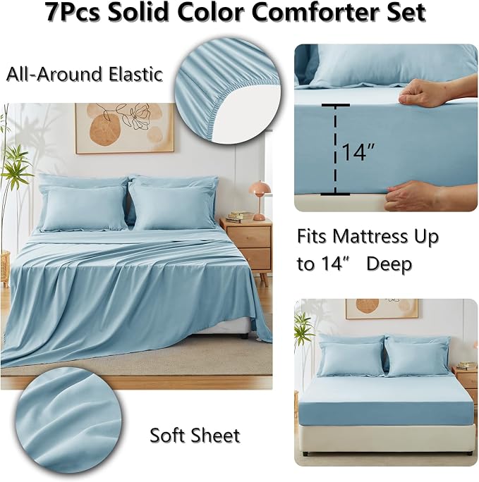 CozyLux Queen Comforter Set Light Blue, 7 Pieces Bed in a Bag Queen Comforter - Image 6