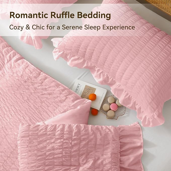JOLLYVOGUE Pink Comforter Full Size, 3 Pieces Seersucker Lightweight Full Size - Image 4