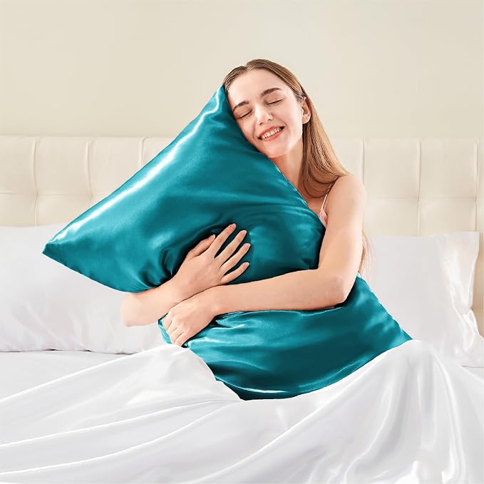 BEDELITE Satin Pillowcase with Zipper 2 Pack, Teal Pillow Cases Standard Size - Image 2