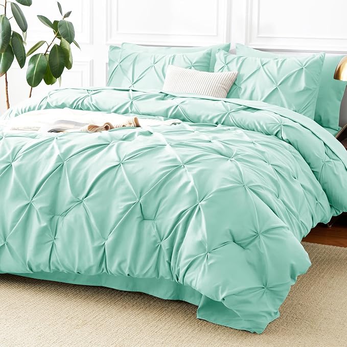 CozyLux King Size Comforter Set Mint Green, 7 Pieces Pintuck Bed in A Bag Green by CozyLux