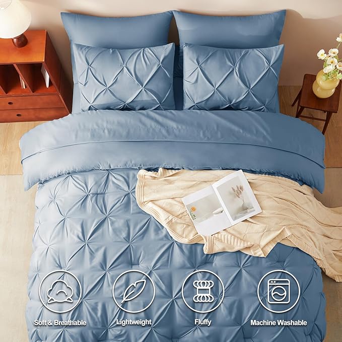 HIMEET Pintuck Bed in a Bag, 7 Pieces King Size Comforter Set Grayish Blue - Image 2