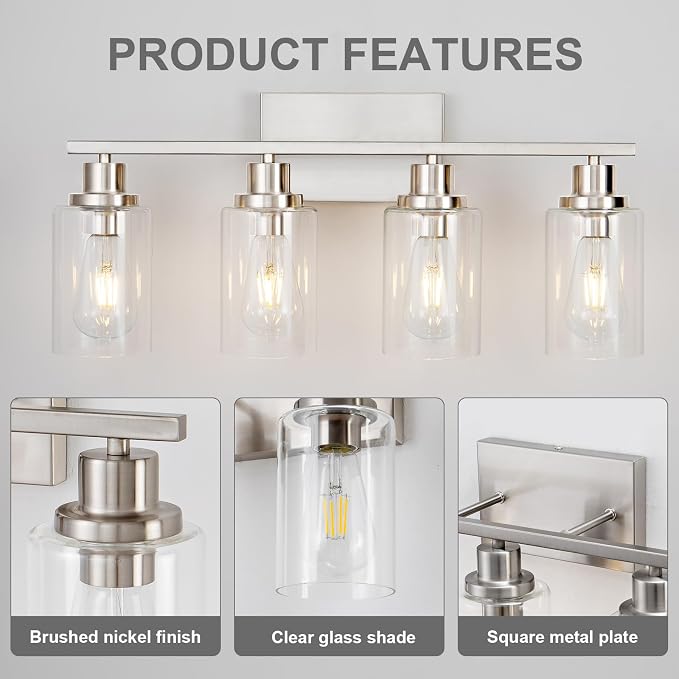 4 Light Bathroom Light Fixtures Brushed Nickel Vanity Light Over Mirror Modern - Image 6