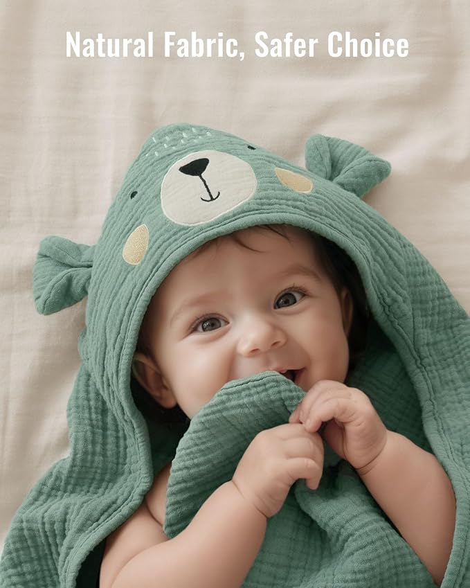 Blissful Diary Muslin Baby Hooded Towel 2 Pack, Soft & Absorbent Bath Towel - Image 3