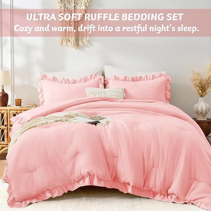 FUANNA King Size Comforter Set Pink, 3 Pieces Ruffle King Bedding Set, Fluffy - Image 5