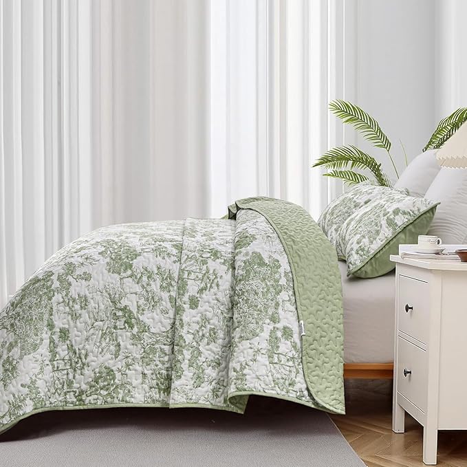 WONGS BEDDING Botanical Quilt Set Queen Size, Sage Green 3 Pieces Toile Floral - Image 4