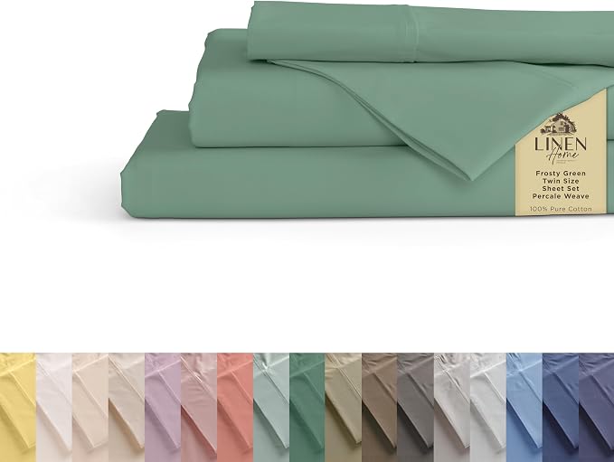 Linen Home 100% Cotton Percale Sheets Twin Size, Frosty Green, Deep Pocket by LINENHOME