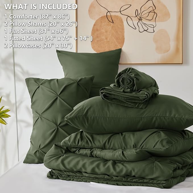 CozyLux Full Size Comforter Sets Olive Green, 7 Pieces Pintuck Bed in A Bag - Image 7