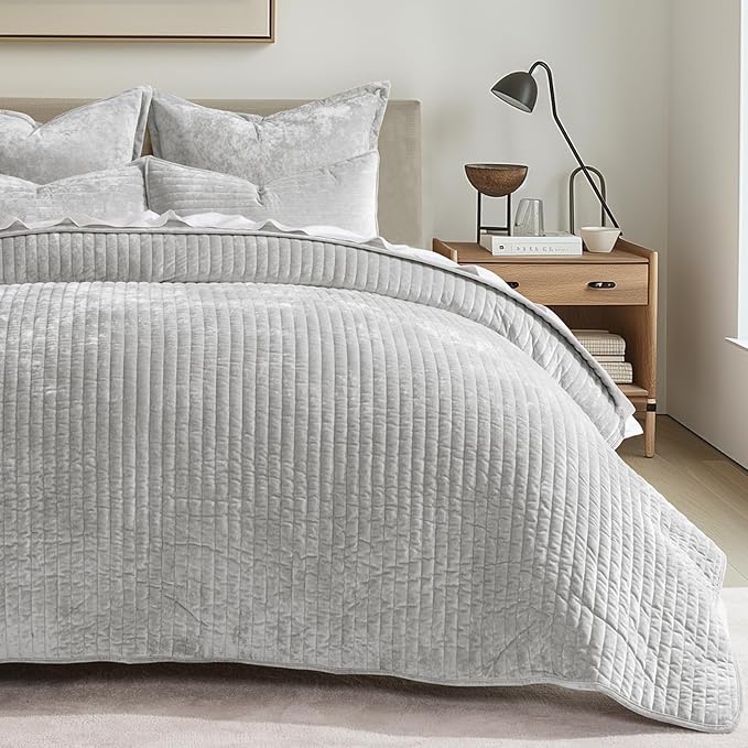 EVERGRACE Velvet Quilt Set King Size, Luxurious Soft Striped Channel Bedding Set - Image 8