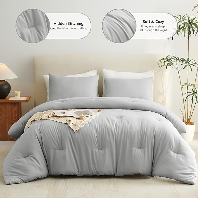 CozyLux King Size Comforter Set Light Grey, 3 Pieces Solid Comforters King Size - Image 2