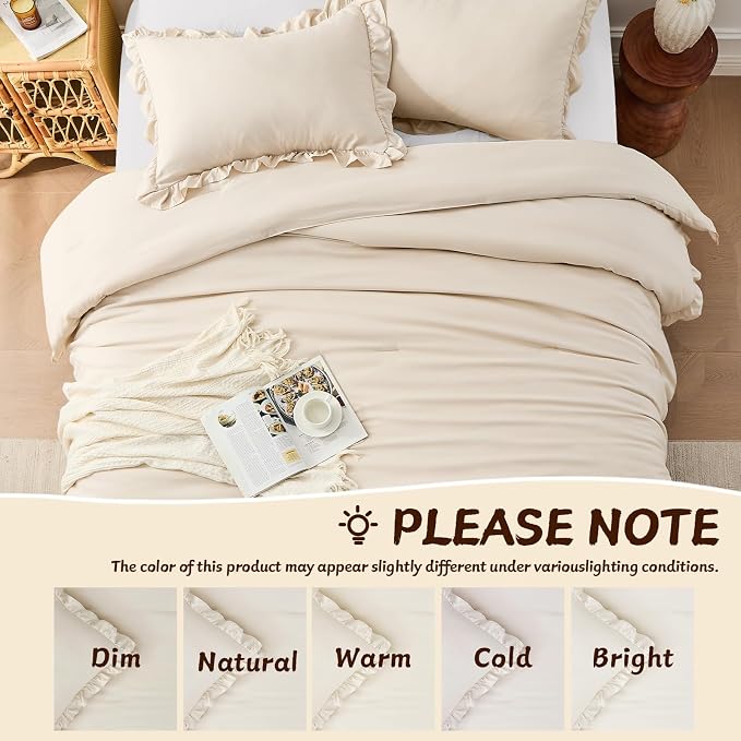 FUANNA Queen Comforter Set Beige 3 Pieces, Ruffle Shabby Chic Queen Bed Set - Image 7