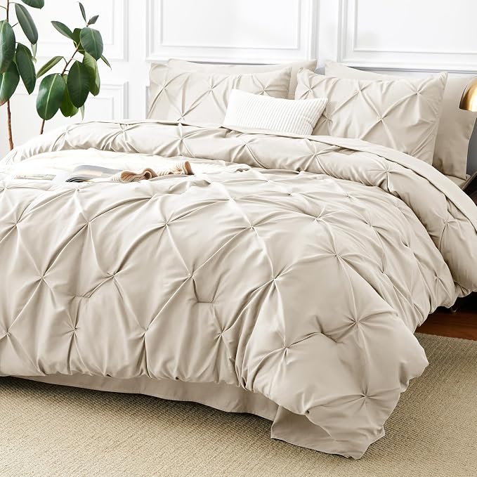 HIMEET Pintuck Bed in a Bag, 5 Pieces Twin XL Comforter Set Beige, Extra Long - Image 9